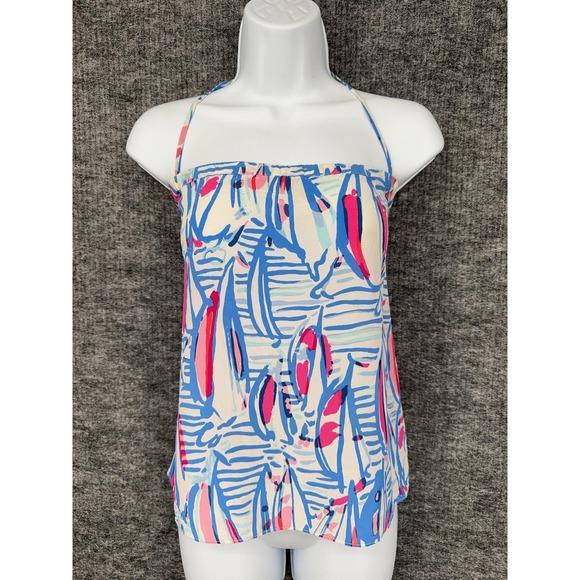 Lilly Pulitzer Tops - Lilly Pulitzer Top Womens S Blue Pink Halter Silk Square Neck Strappy Tropical